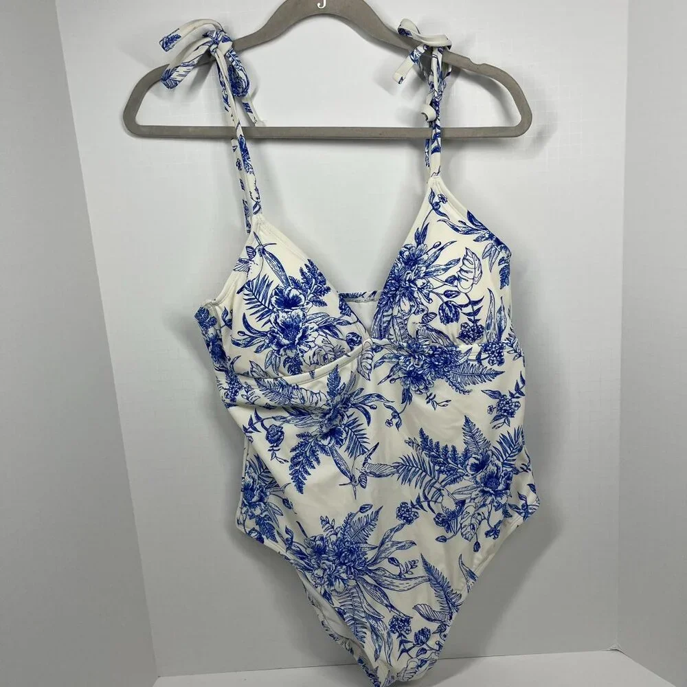 Kona Sol White with Blue Floral Toile Pattern Adjustable One Piece Swimsuit Sz L - Picture 1 of 9